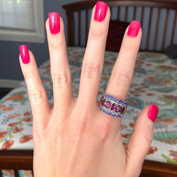 GENUINE Unheated Oval Rhodolite Garnet 6x4mm Tanzanite 925 Silver Ring Size 7 - Picture 12 of 17